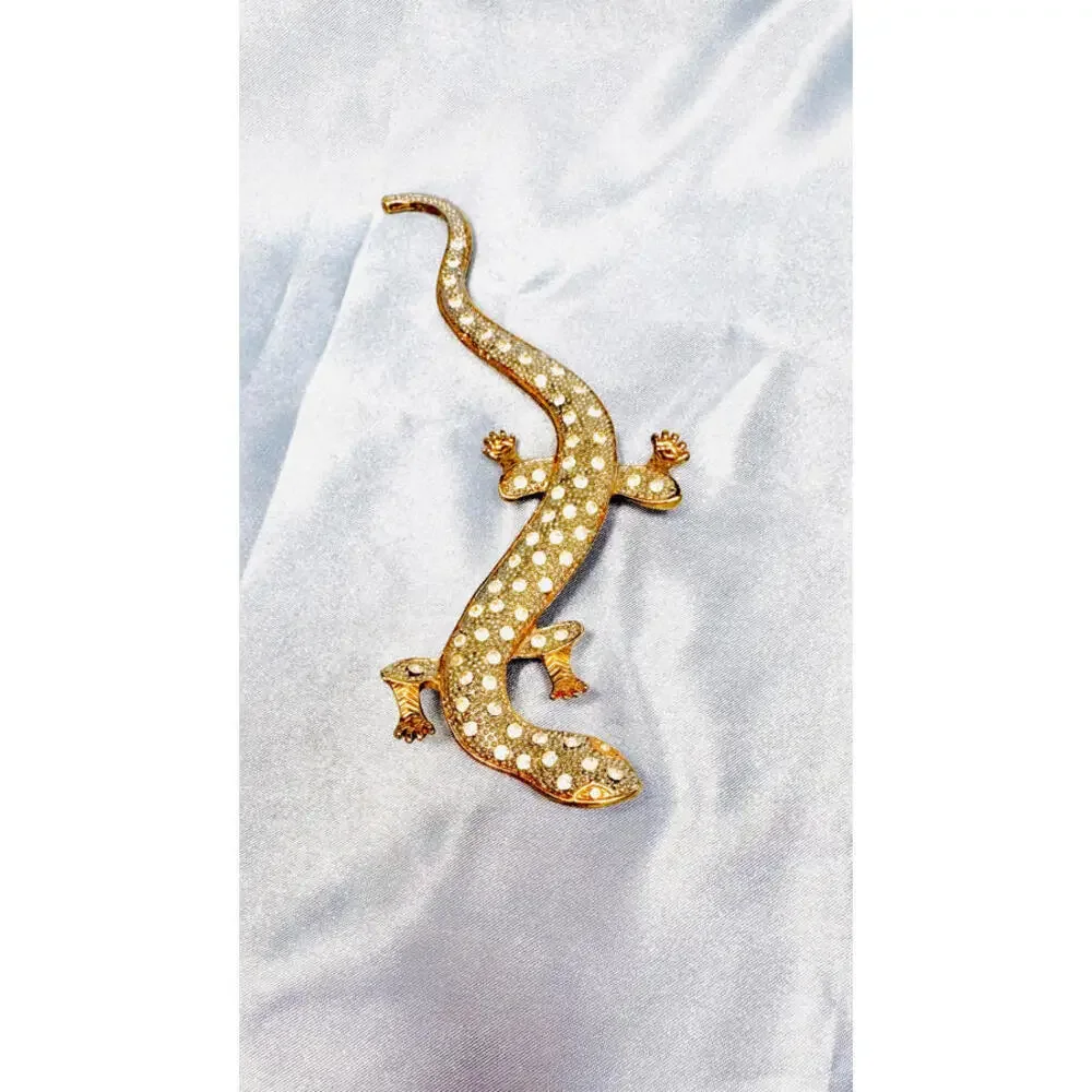 Gold Tone Crystal Salamander Brooch